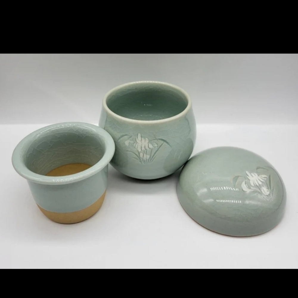 Korean Cyan Porcelain Inlaid Crane Cloud Lid Tea Set Cup Filter Infuser Light Gr